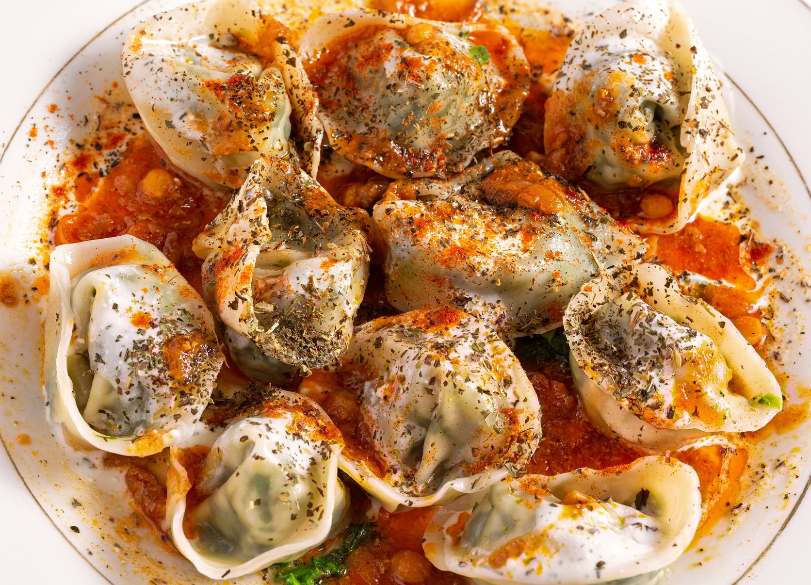 Close-up of Afghan Mantu dumplings
